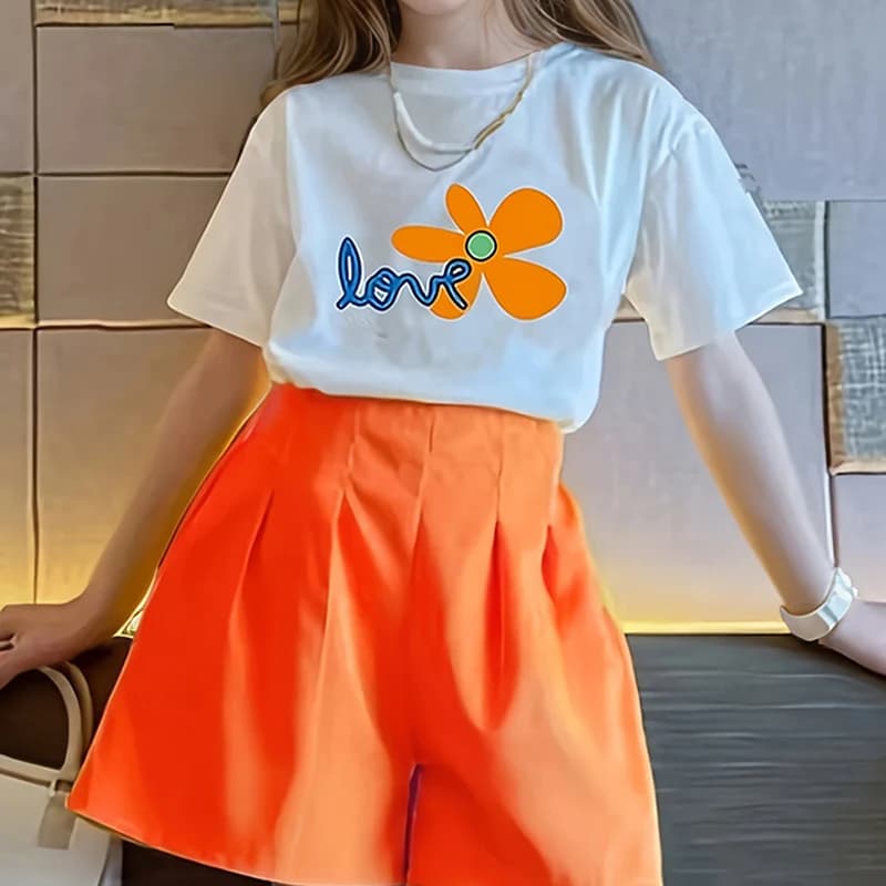Orange Floral Graphic Shorts