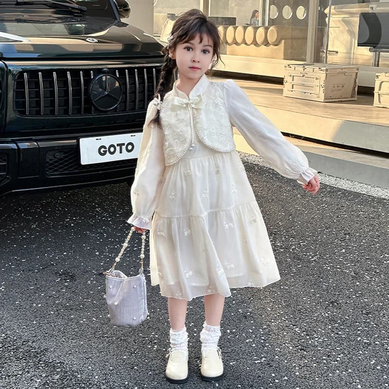 Girls Off White Embroidered Tiered Party Dress thumbnail 3