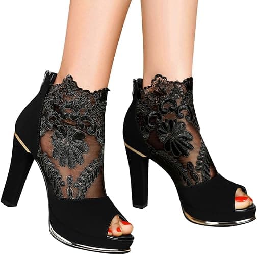Flowers Lace Mesh Heeled Sandals thumbnail 3
