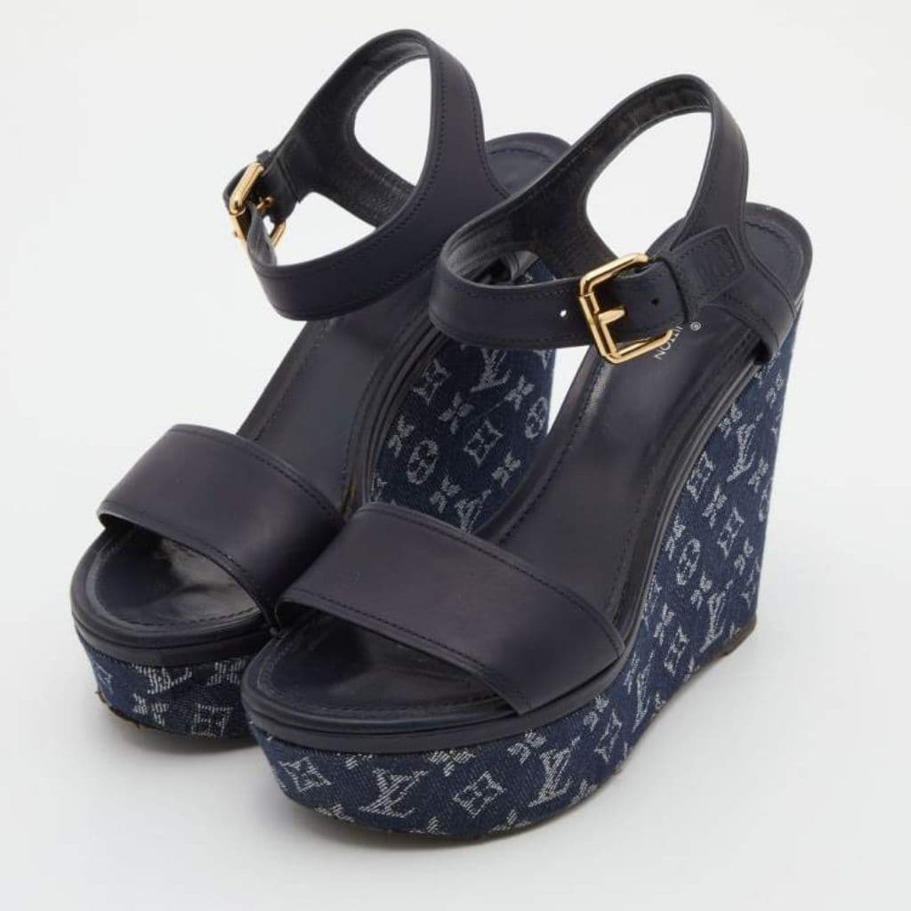 Louis Vuitton Navy Blue Leather and Monogram Denim Waterfall Sandals