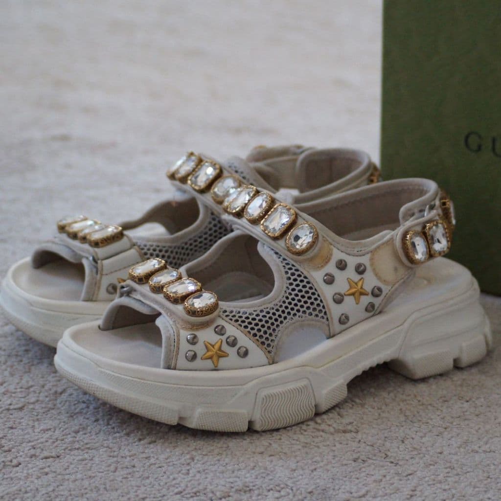 Gucci White Leather and Mesh Crystal Sandals thumbnail 1