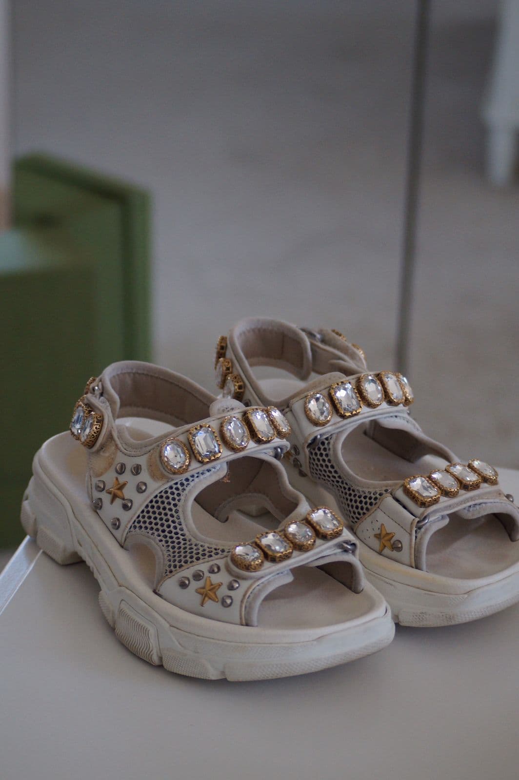 Gucci White Leather and Mesh Crystal Sandals thumbnail 2