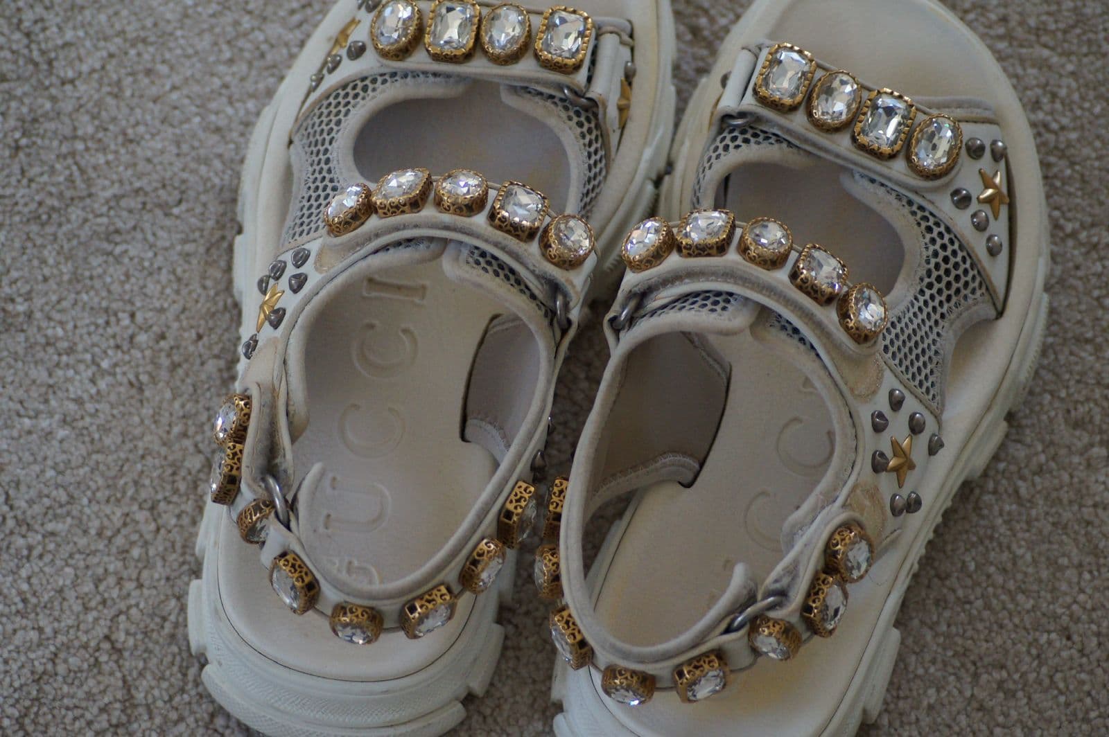 Gucci White Leather and Mesh Crystal Sandals thumbnail 4