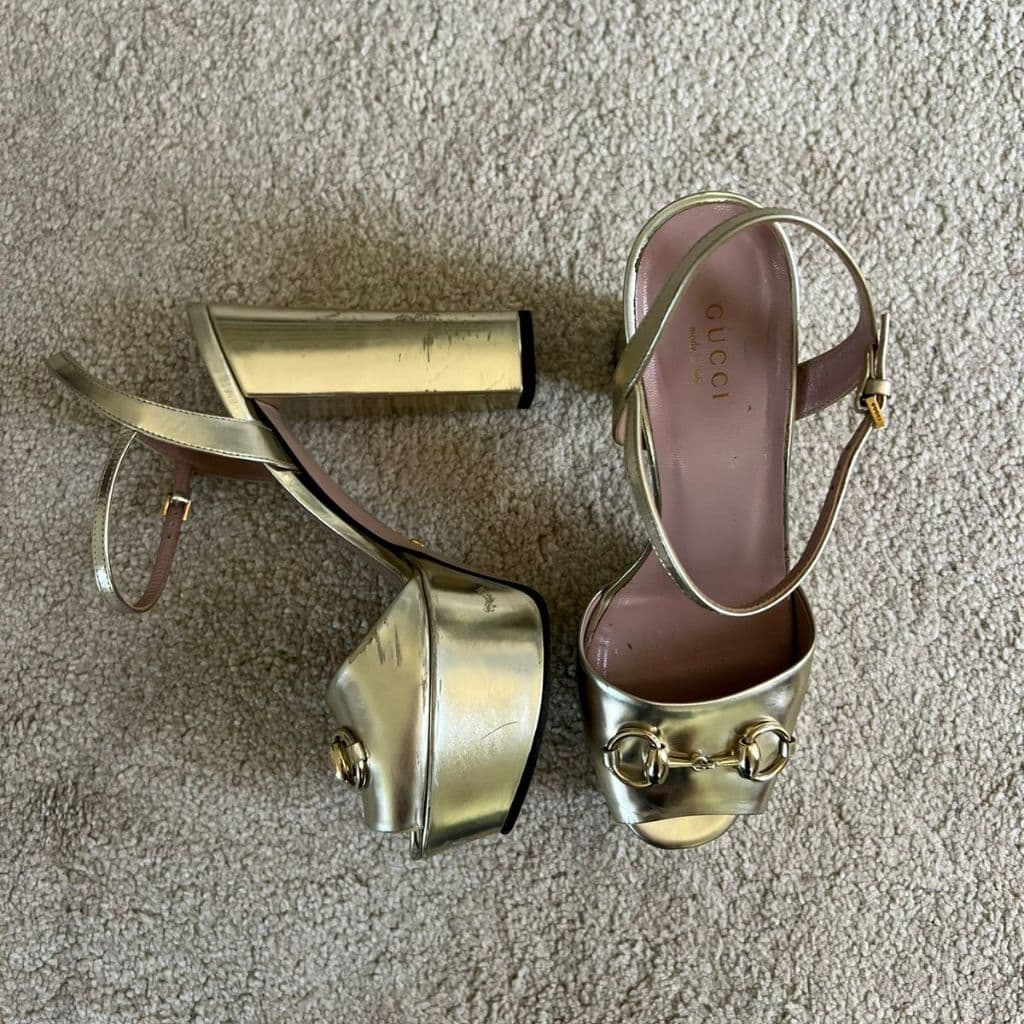 Gucci Metallic Gold Leather Claudia Horsebit Platform Sandals