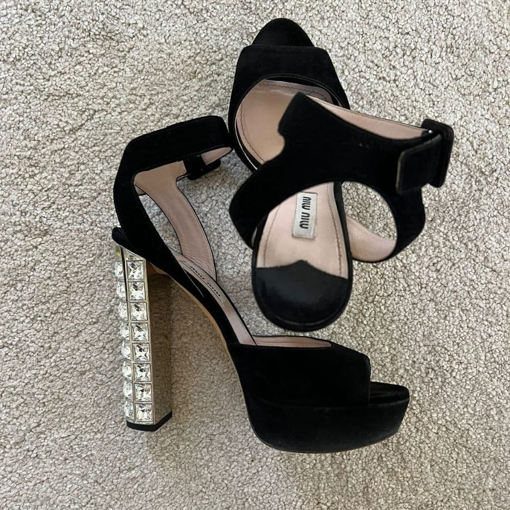 Miu Miu Black Suede Embellished Block Heel Peep Toe Platform Ankle Strap