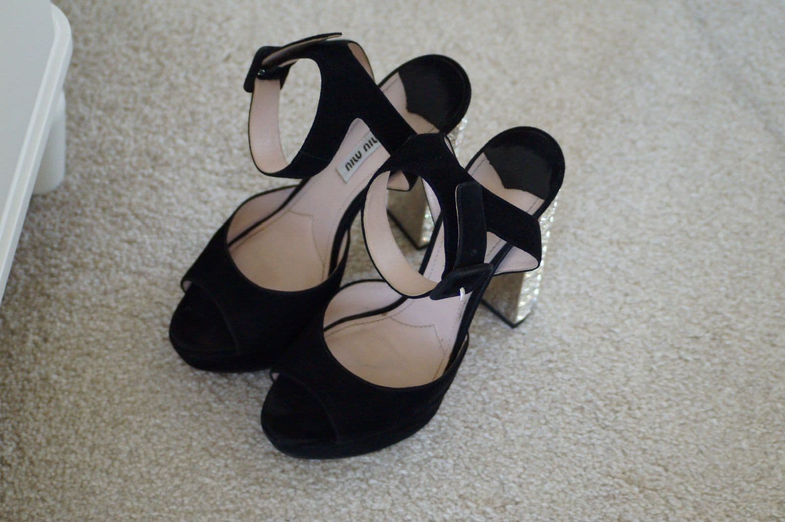Miu Miu Black Suede Embellished Block Heel Peep Toe Platform Ankle Strap thumbnail 2
