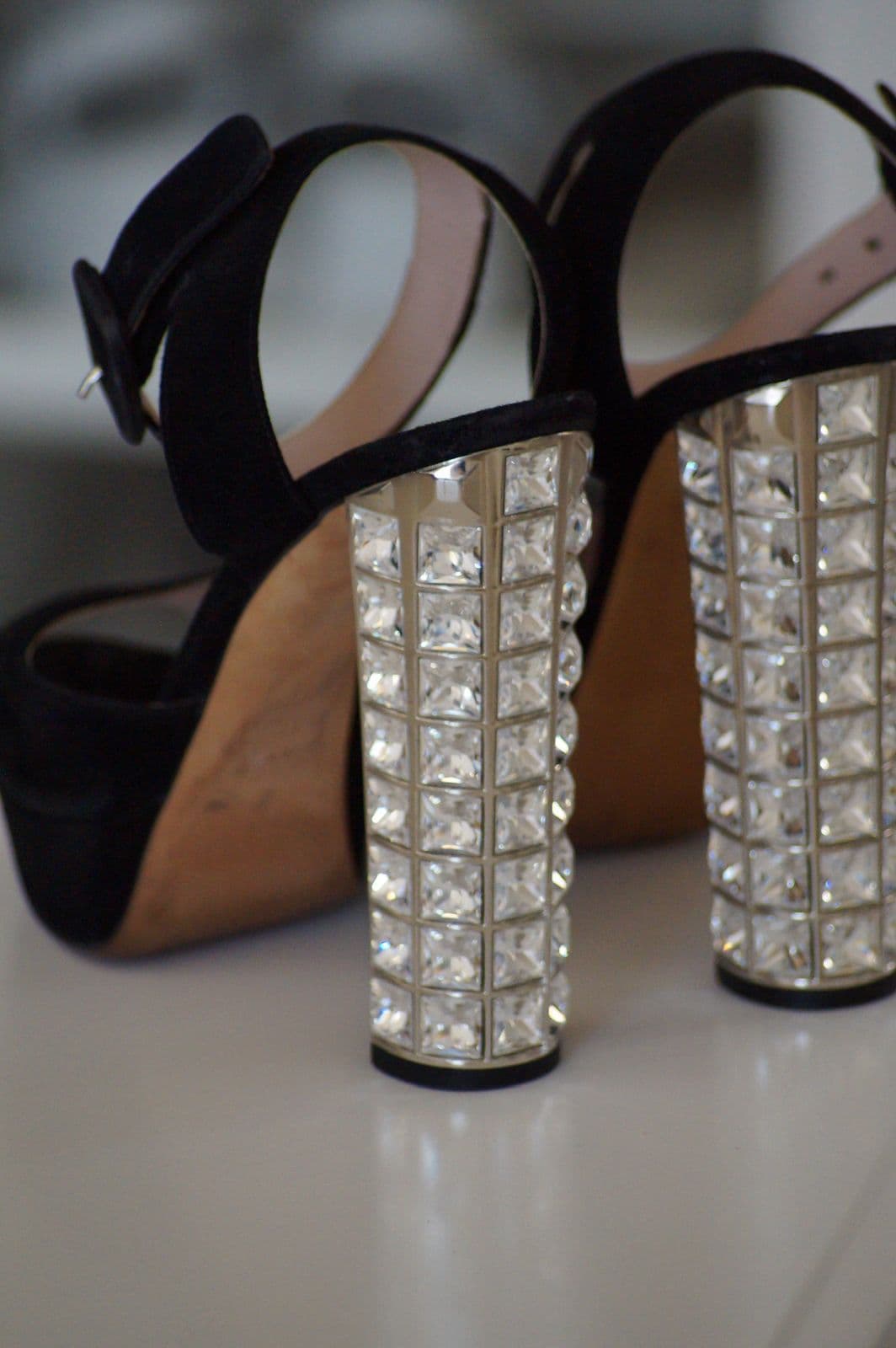 Miu Miu Black Suede Embellished Block Heel Peep Toe Platform Ankle Strap thumbnail 3