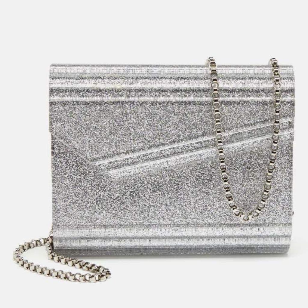 Jimmy Choo Silver Glitter Acrylic Candy Chain Clutch