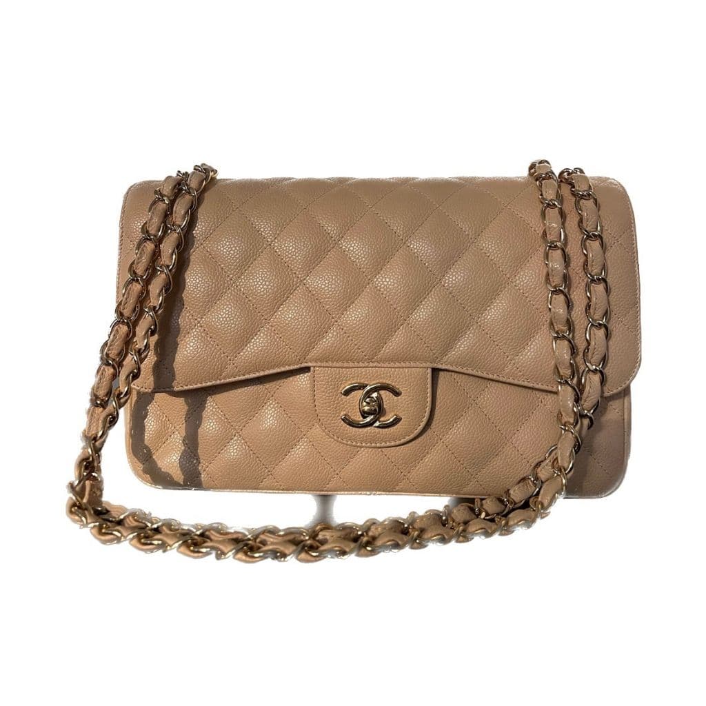 Chanel Beige Quilted Caviar Leather Jumbo Classic Flap Bag