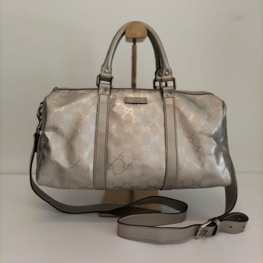 Gucci Grey Metallic GG Supreme Canvas and Leather Medium Joy Boston Bag