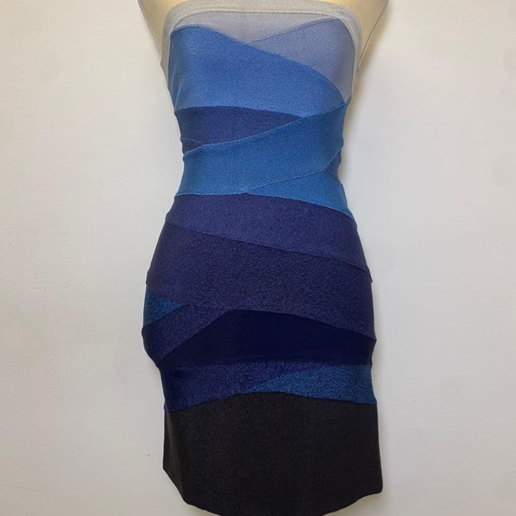 Herve Leger Ombre Blue Knit Strapless Bandage Mini Dress