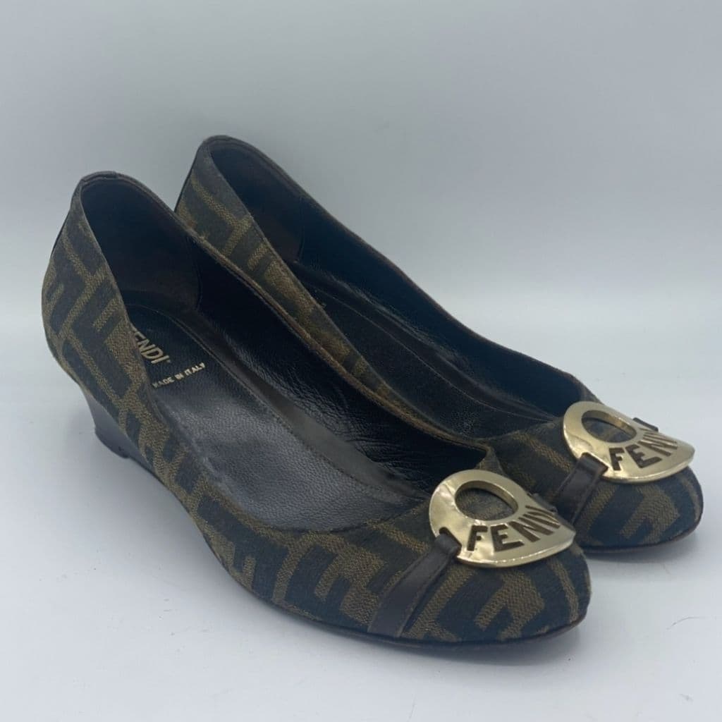Fendi Brown Zucca Canvas And Leather Wedge Pumps