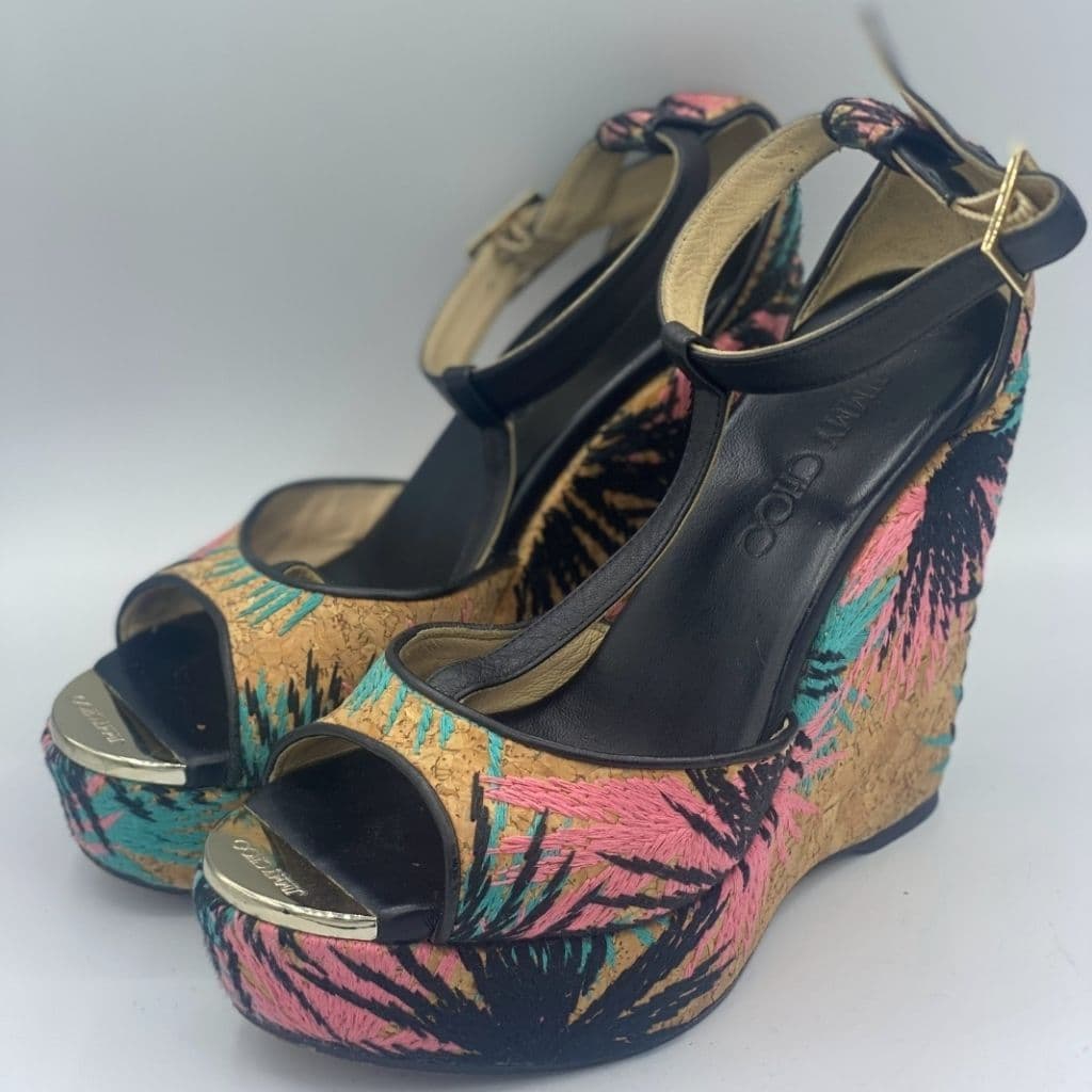 Jimmy Choo Brown Embroidered Cork and Leather T-Strap Platform Wedge Sandals Size 37