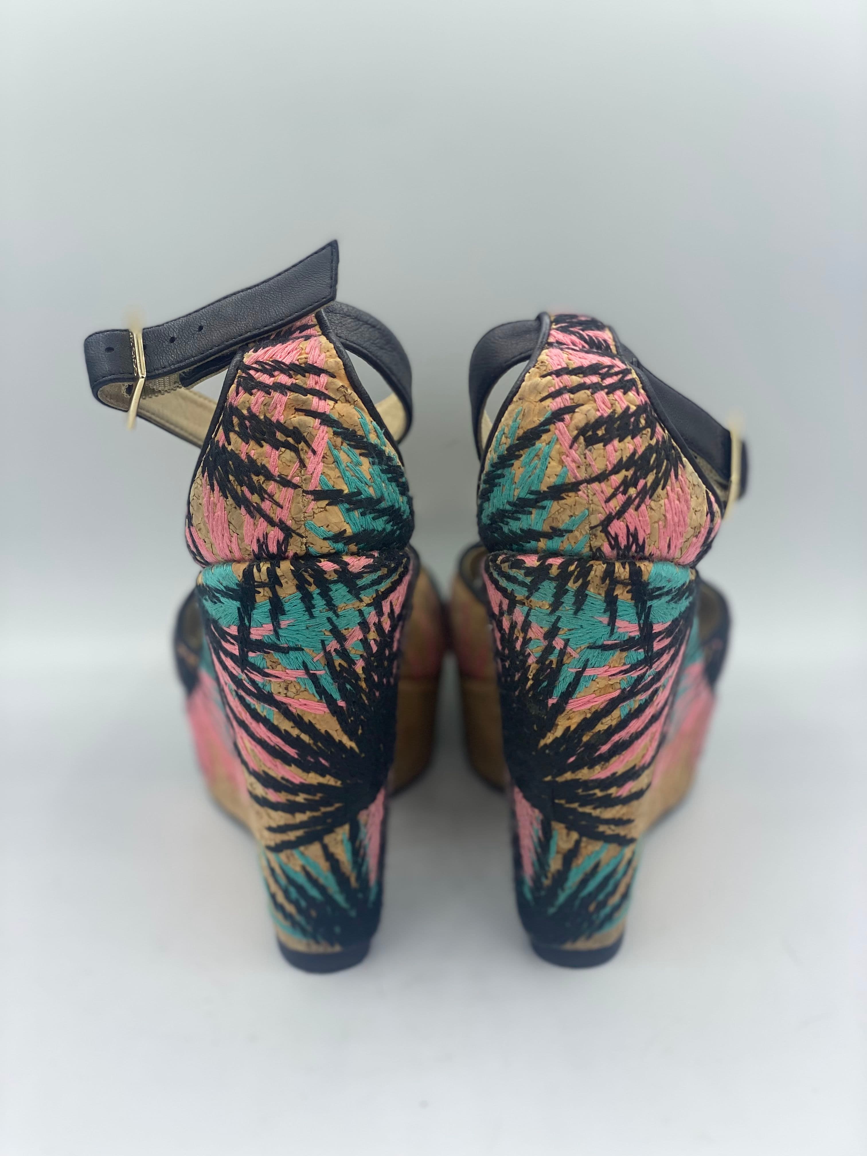 Jimmy Choo Brown Embroidered Cork and Leather T-Strap Platform Wedge Sandals Size 37 thumbnail 3