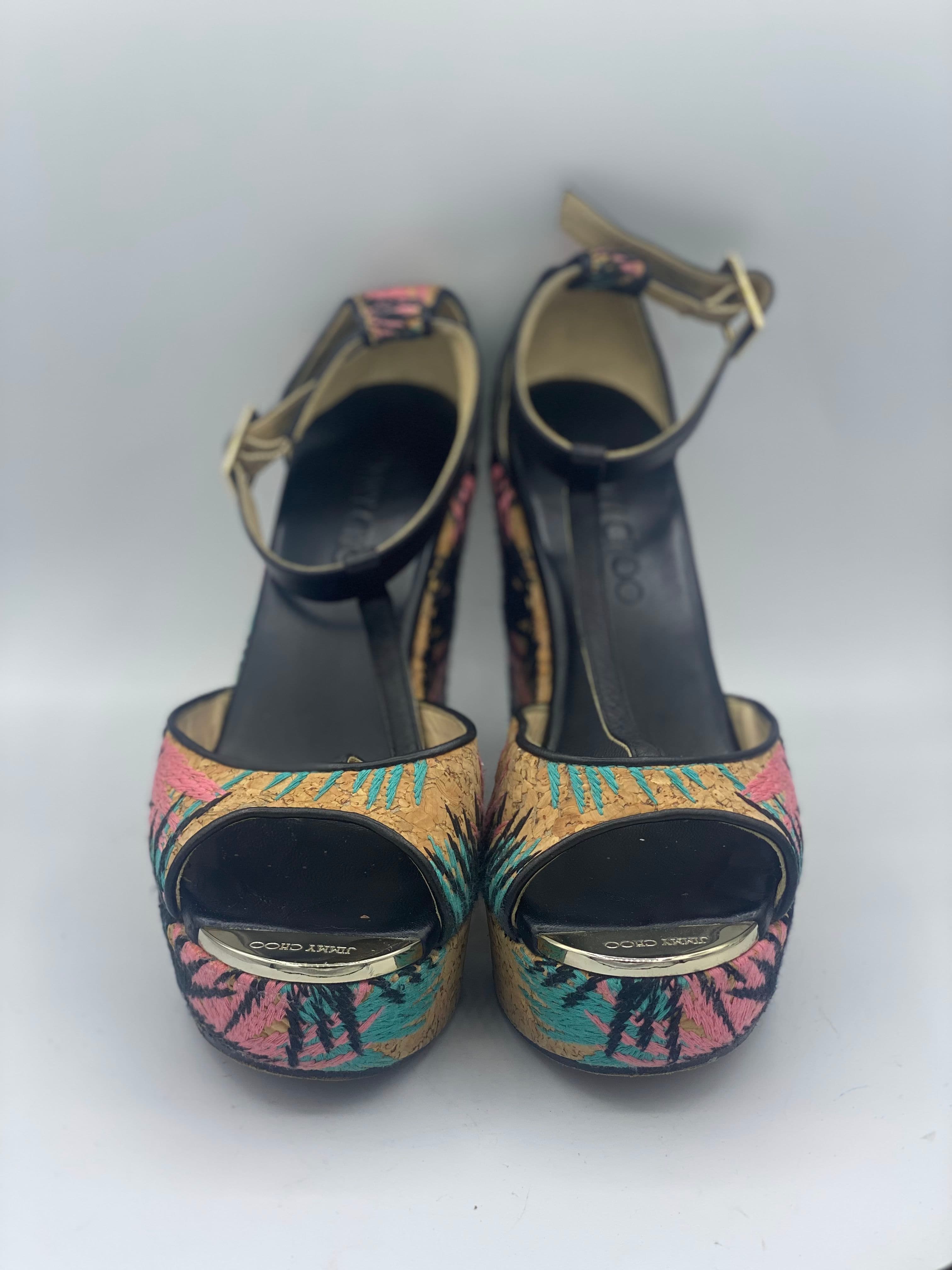 Jimmy Choo Brown Embroidered Cork and Leather T-Strap Platform Wedge Sandals Size 37 thumbnail 4