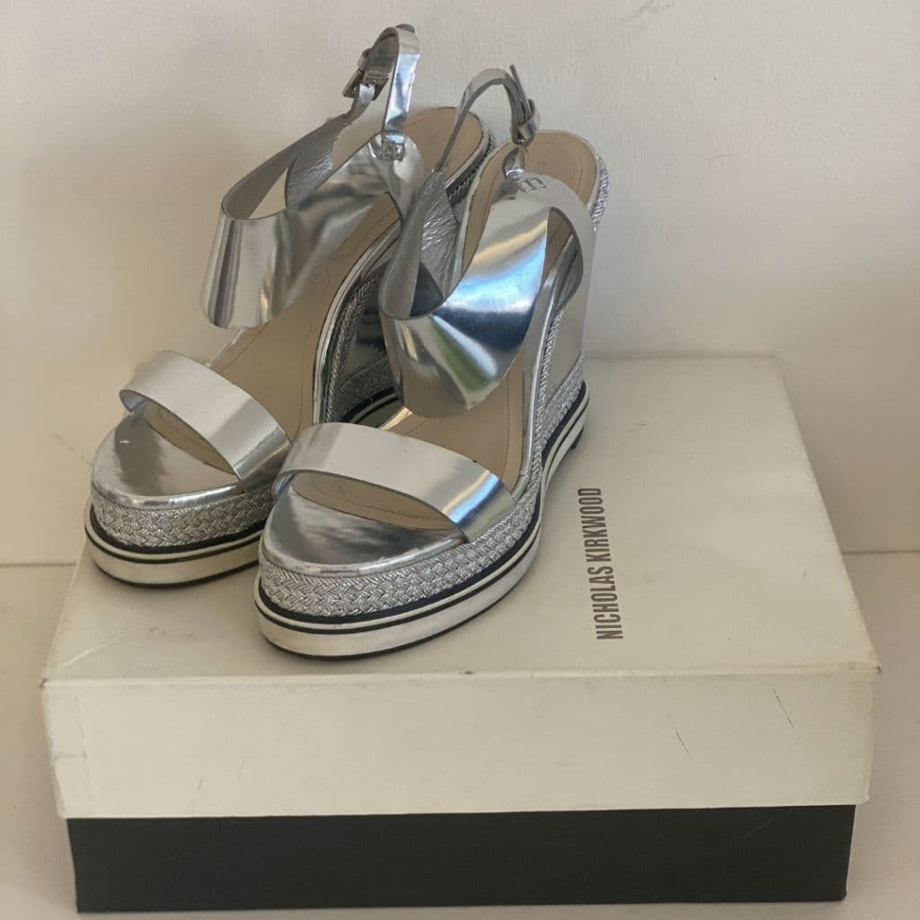 Nicholas Kirkwood Metallic Silver Foil Leather Wedge Espadrille Ankle Strap Sandals Size 37