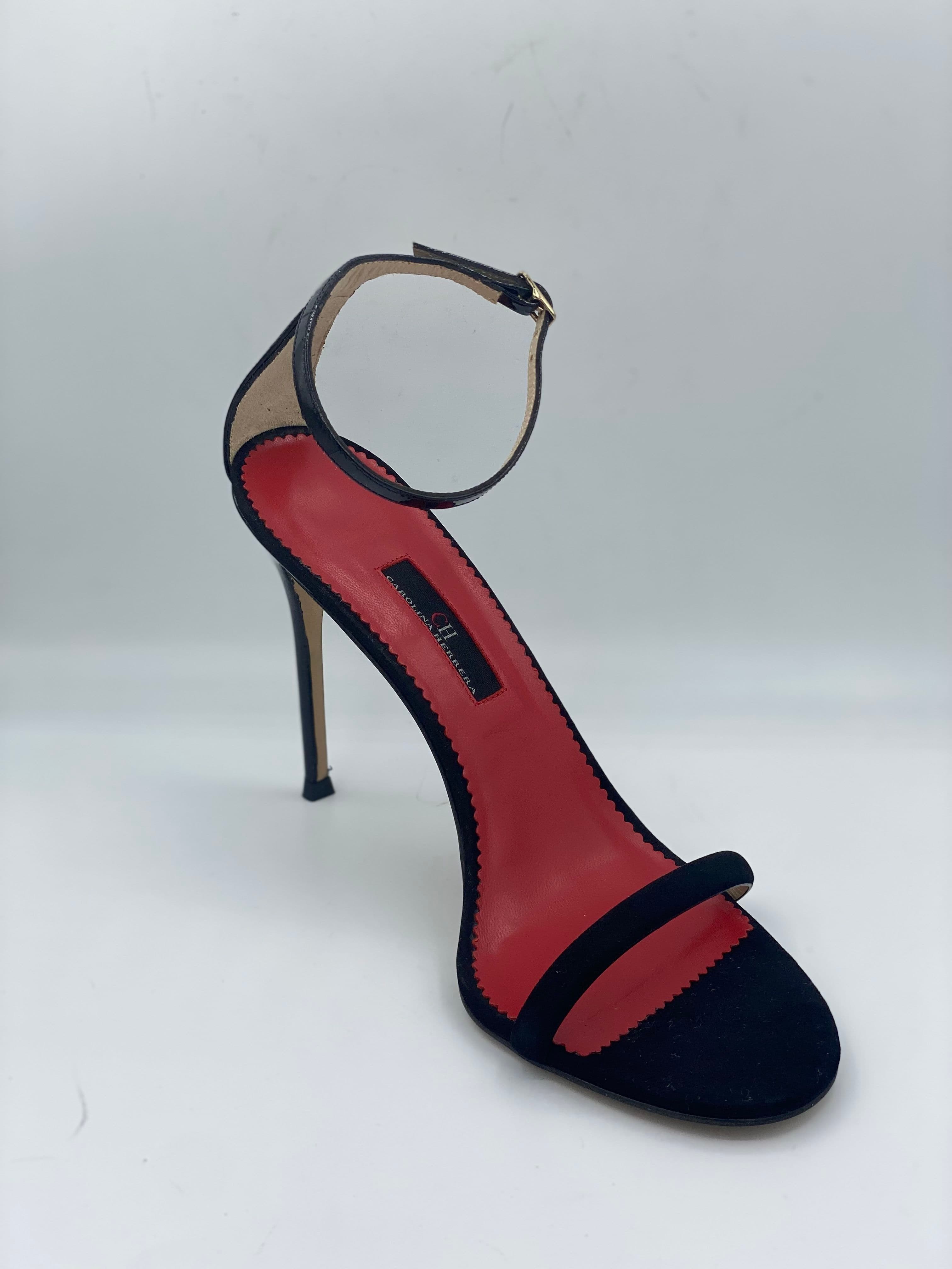 CH Carolina Herrera black suede ankle-strap stiletto sandals with a red sole. thumbnail 2