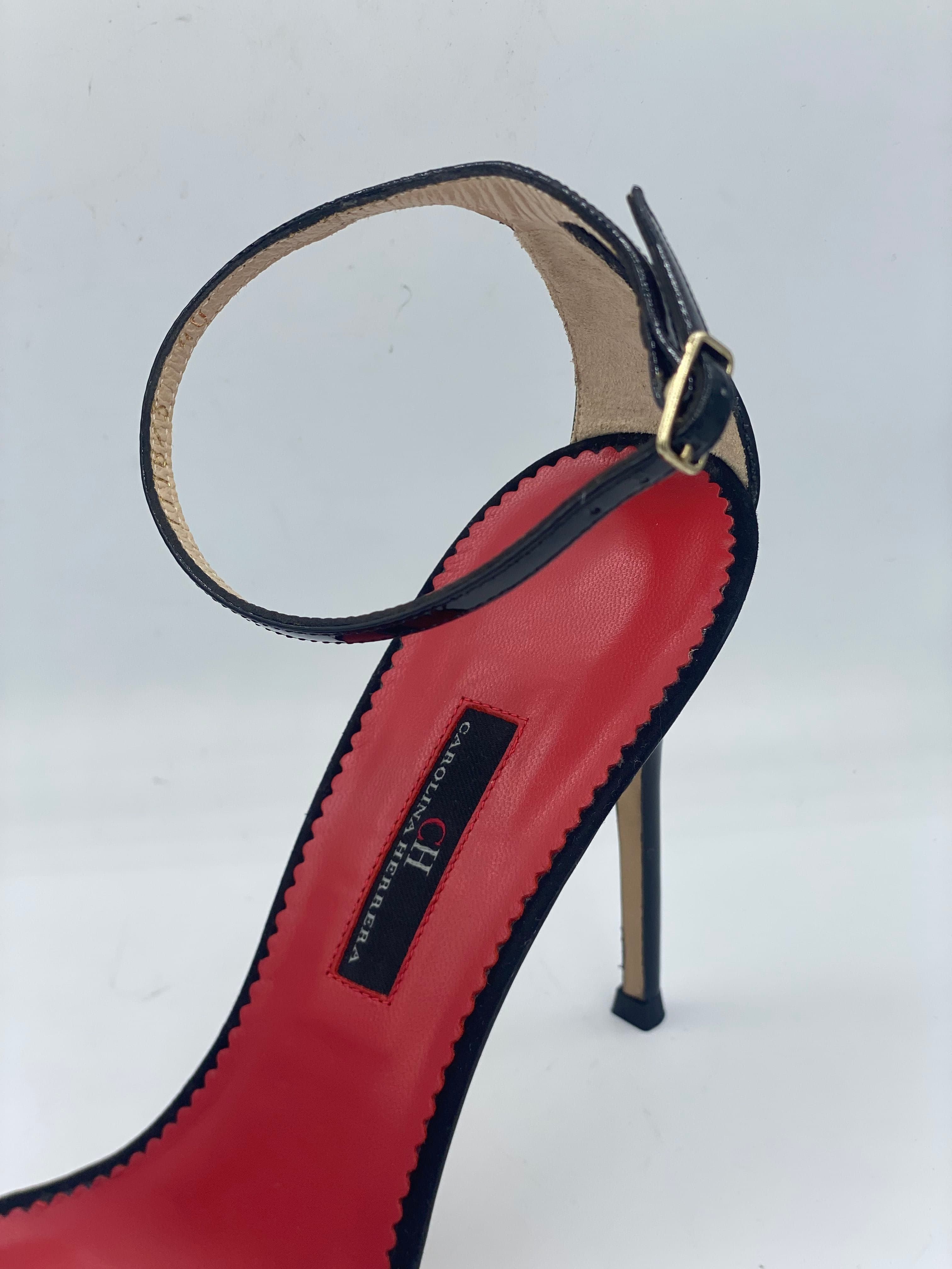 CH Carolina Herrera black suede ankle-strap stiletto sandals with a red sole. thumbnail 3