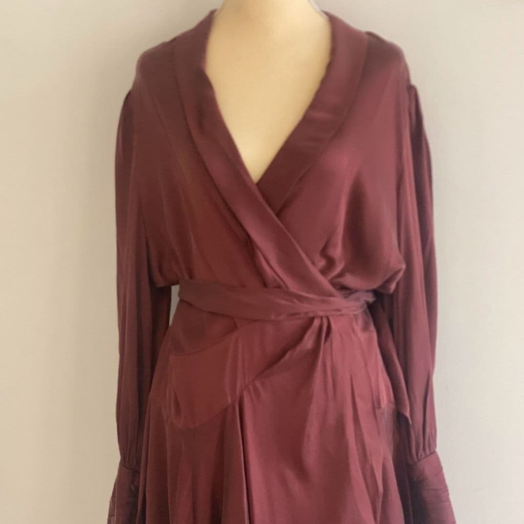 Zimmermann Burgundy Silk Satin Wrap Mini Dress