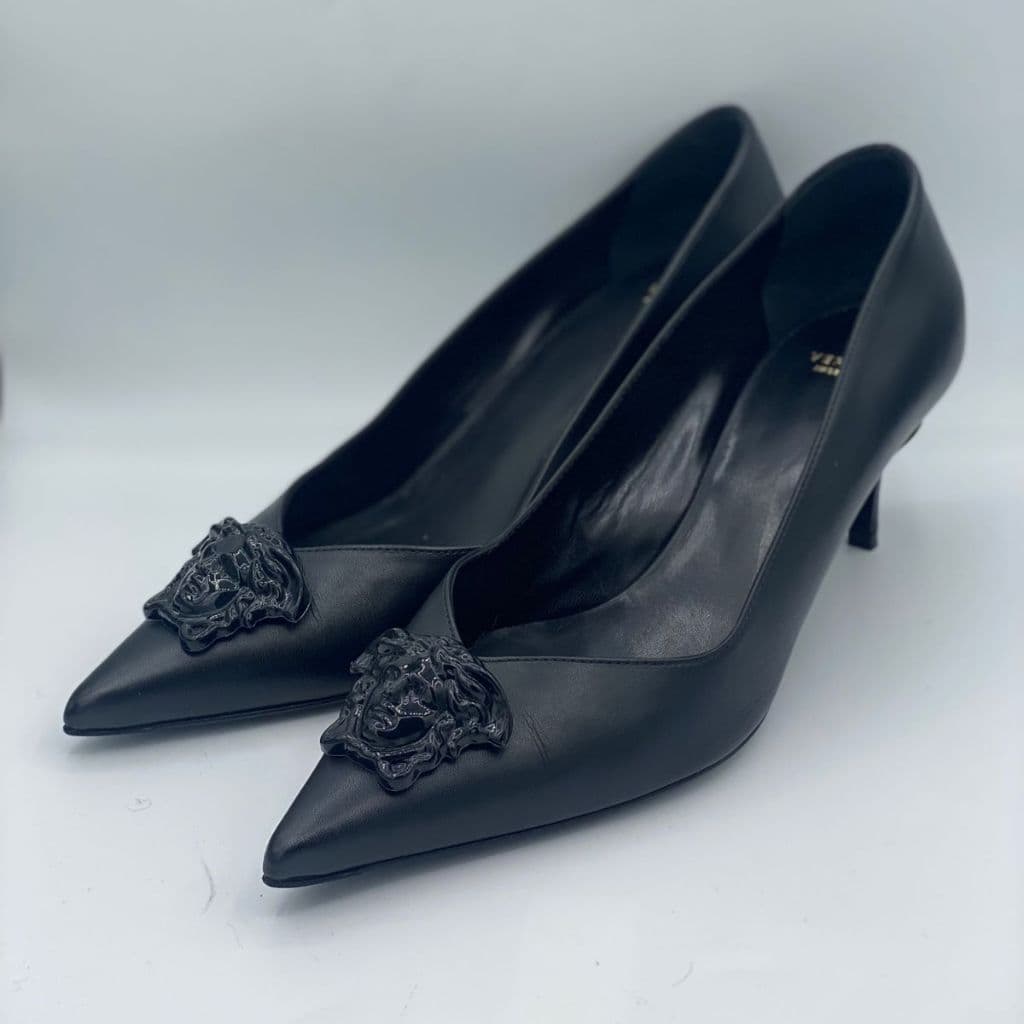 Versace Black Leather Medusa Pointed Toe Pumps