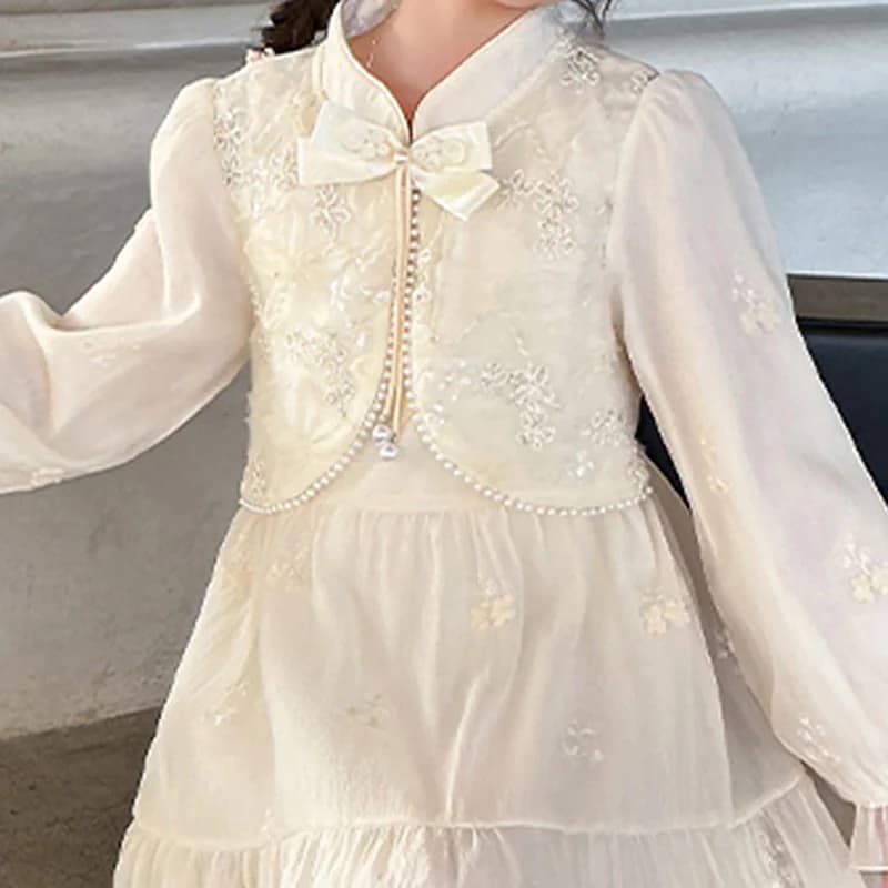 Girls Off White Embroidered Tiered Party Dress