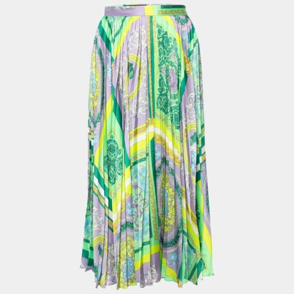 Versace Green Baroque Mosaic Print Satin Pleated Skirt