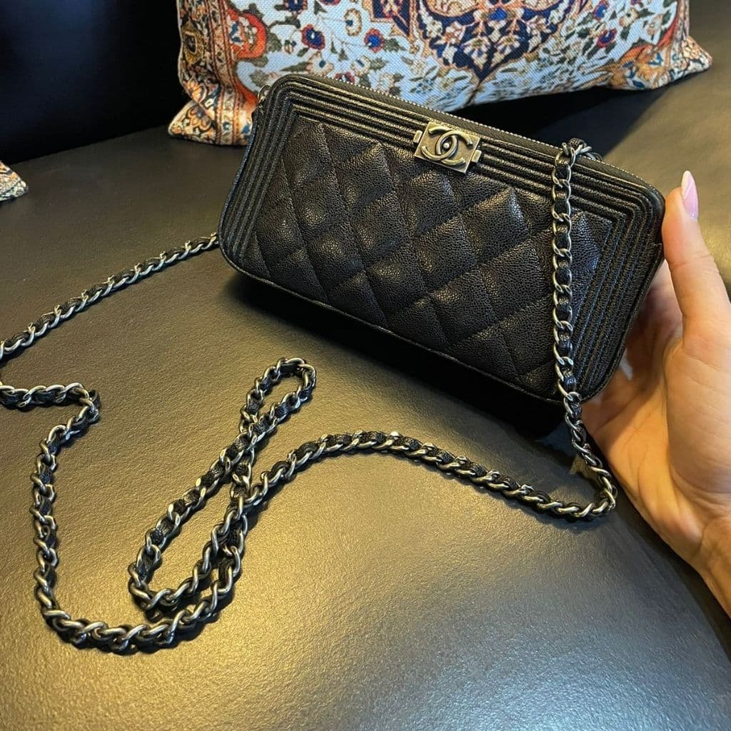 Chanel Quilted Small Boy Clutch With Chain in Black Grained calf Leather